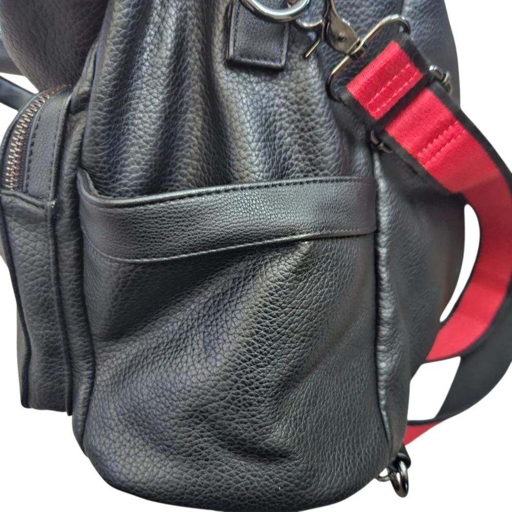 Like Dreams Black‎ Sideways Zip Backpack Vegan Leather Red Straps